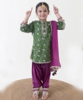 Girl Floral Jaal Suit Set - Green